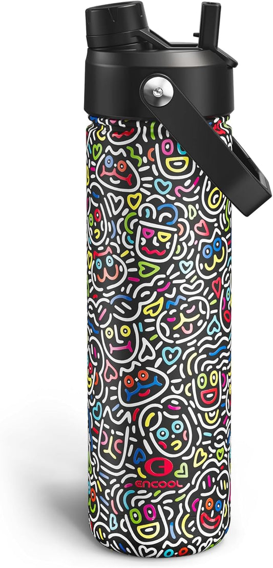 ENCOOL Insulated Water Bottle with Straw Stainless Steel Water Bottle, Leak-Proof, BPA-Free, Double Wall Vacuum Keeps Cold for 24 Hours for Sports, Travel, School (26 oz, Graffiti Faces)