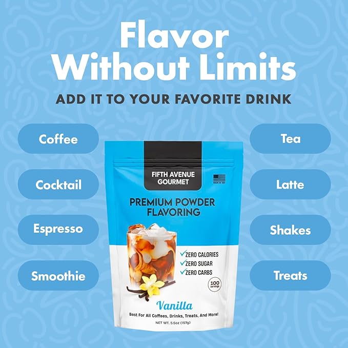 Fifth Avenue Gourmet Premium Powder Flavoring, Zero Sugar, Calories & Carbs, 157g Vanilla Powder for Coffee, Drinks & Treats, Ideal for Keto & Low-Carb Lifestyles - 100 Servings, Vanilla
