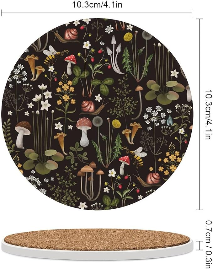Round-4PCS Botanical Drink Coasters, Round Modern Ceramic Absorbent Coasters, Cartoon Mushroom Floral Plants Pattern Botanical Decor Desk Coffee Table Coaster for Beverage Cup Tea Coasters