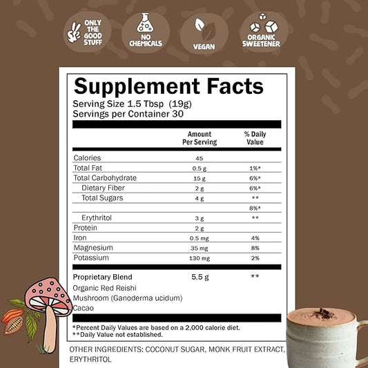 Renude Reishi Cacao Powder - Mushroom Hot Chocolate Drink, Mushroom Coffee Alternative, Hot Cacao Mix with Reishi, Sleep Support, Organic Ingredients - 10 Servings
