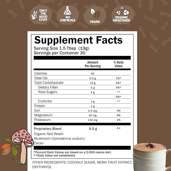 Renude Reishi Cacao - Mushroom Hot Chocolate, Coffee Alternative, Mushroom Drink, Cacao Powder, Hot Cocoa Mix with Reishi, Sleep Support, Organic Ingredients - 30 Servings