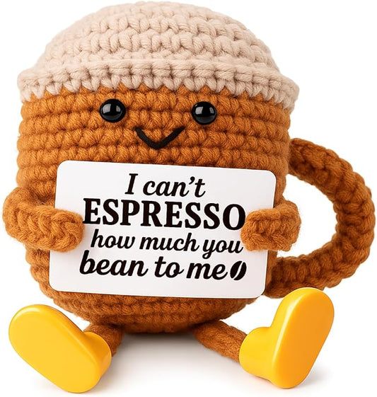 Valentine's Day Gifts for Her Him Women Men Girlfriend Boyfriend Birthday Gifts, Positive Crochet Coffee Cup Desk Decor, Cute Small Coffee Lover Gift for Best Friend Couple Wife Husband