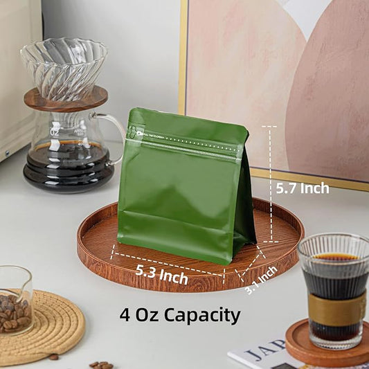 50 Pcs 4oz Green Sqaure Coffee Bean Bags with No-Valve, Easy Tear Open & Repeating Sealed Zipper, Heat-Seal Stand Up & Flat Bottom Tea Bag, 1/4 lb Capacity 5.3x5.7 Inch