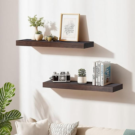 Floating Wall Shelves 30x6.8x1.7 Inch – Solid Wood Rustic Shelves in Walnut Finish – Wall Mounted Heavy Duty Display Shelf for Kitchen, Bedroom, Living Room – Set of 2