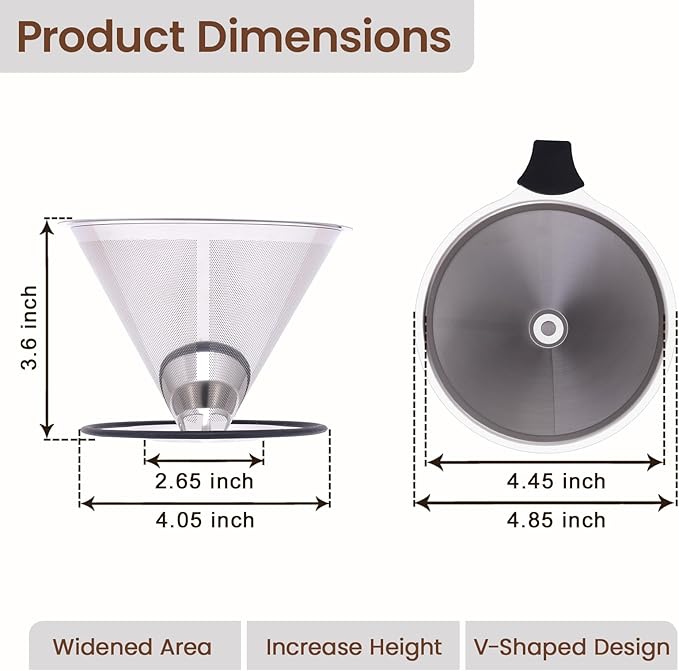 【2.0 Upgraded】Pour Over Coffee Dripper, Stainless Steel Reusable Coffee Filter with Non-Slip Base & Handle, Paperless Coffee Maker (silver)