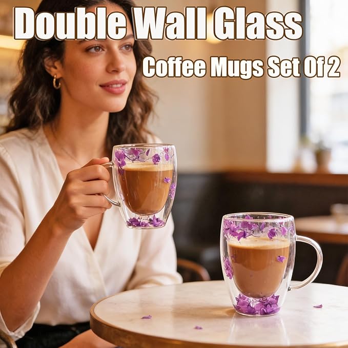 Viovian 13oz Double Wall Glass Coffee Mugs Set of 2 Insulated Glass Coffee Cups with Handles,Clear Dried Flower Tea Mug for Hot Beverages,Tea Cup Women Birthday Gifts
