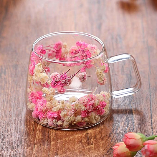 Generic Double Wall Insulated Glass Cup,Dried Flower Mug with Handle,Creative Transparent Coffee Cups,Gift for Women Mom Female (White)