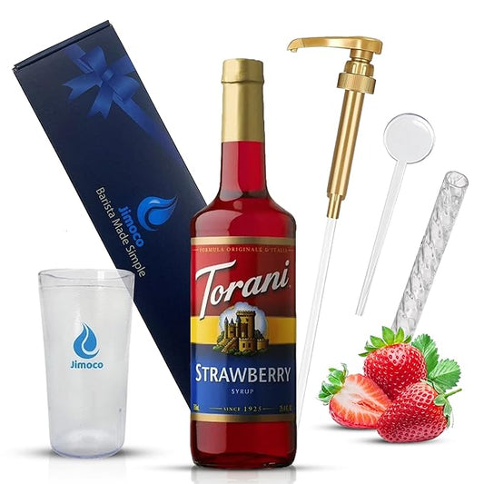 Jimoco Barista Set – Torani Strawberry Syrup 25.4 oz, Jimoco Pump, Reusable Cup, Straw & Stirrer – Coffee, Italian Soda & Cocktail Flavoring Kit