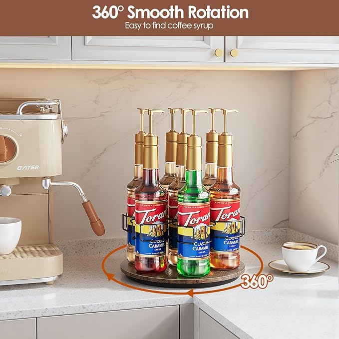 Kssiaz Rotating Coffee Syrup Organizer, 7 Bottles Coffee Syrup Rack for Countertop Syrup Bottle Holder Stand for Coffee Bar Station, Carbon Steel Frame with Wooden Base Coffee Bar Accessory, Black