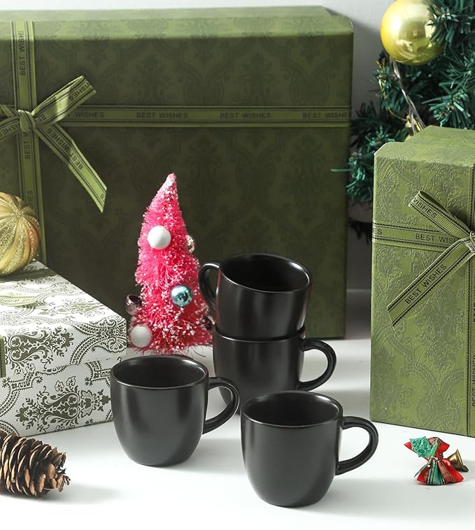 HASENSE 7 Ounce Cappuccino Cups Set of 4 Perfect for Latte, Americano, Cafe Mocha and Tea, Ceramic Coffee Cups Ideal for Party Cafe Home and Kitchen, Microwave and Dishwasher safe, Black