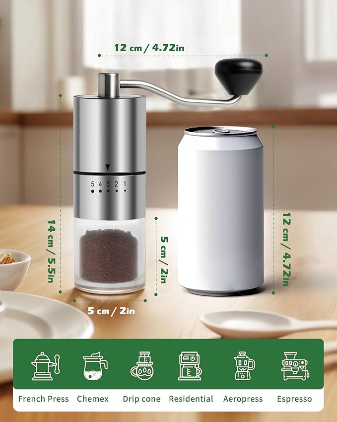 Stainless steel Burr Manual Coffee Grinder for Drip,French Press,5 Adjustable Settings,Hand Coffee Grinder,For Home Use and Camping,Coffee Bean Grinders With Hand Crank (Stainless steel Burr-Slivery)