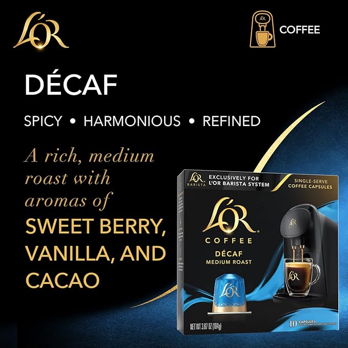 L'OR Coffee Pods, 10 Count DECAF Medium Roast, Single-Serve Aluminum Coffee Capsules Compatible with the L'OR BARISTA System, 10 Count (Pack of 1)