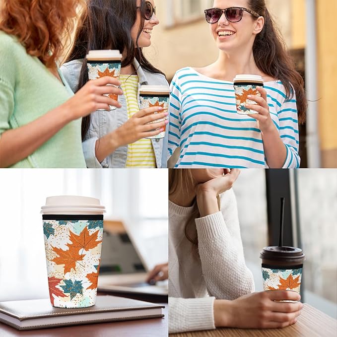 Colored Fall Maple Leaves Iced Coffee Sleeve for Cold Drink Cups, Reusable Neoprene Insulated Drink Sleeves Cup Cover for Beverages, Fits 16-18 oz
