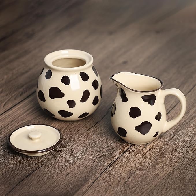 CHOOLD Retro Cow Pattern Creamer and Sugar Bowl Set, Cream Pitcher, Sugar Bowl with Lid, Coffee Serving Set