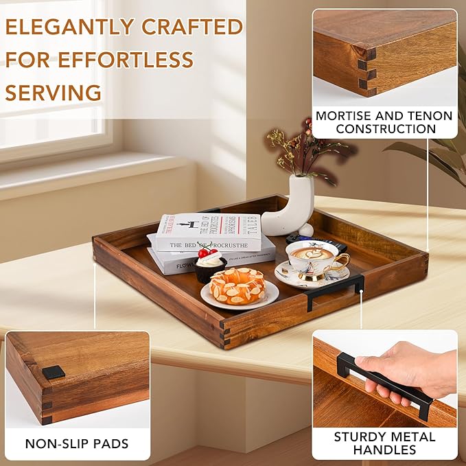 Large Ottoman Tray for Living Room and Coffee Table, Decorative Acacia Wood Serving Tray with Handles for Breakfast in Bed, Dinner Food Kitchen TV (Natural, 20" x 20" x 2")