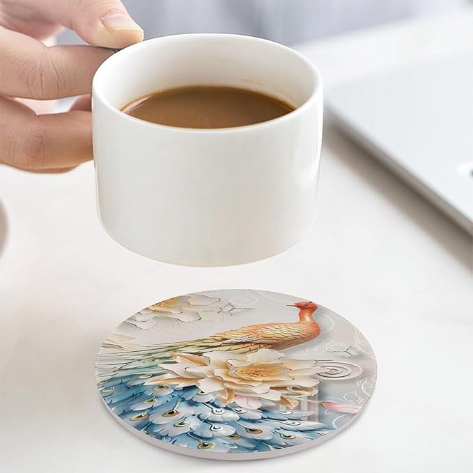 Peacock Drink Coasters, Round Ceramic Drink Coaster Round-4PCS, Vintage Country Flower Beautiful Peacock Floral Decor Absorbent Ceramic Coasters for Beverage Cup, Bar, Coffee Table