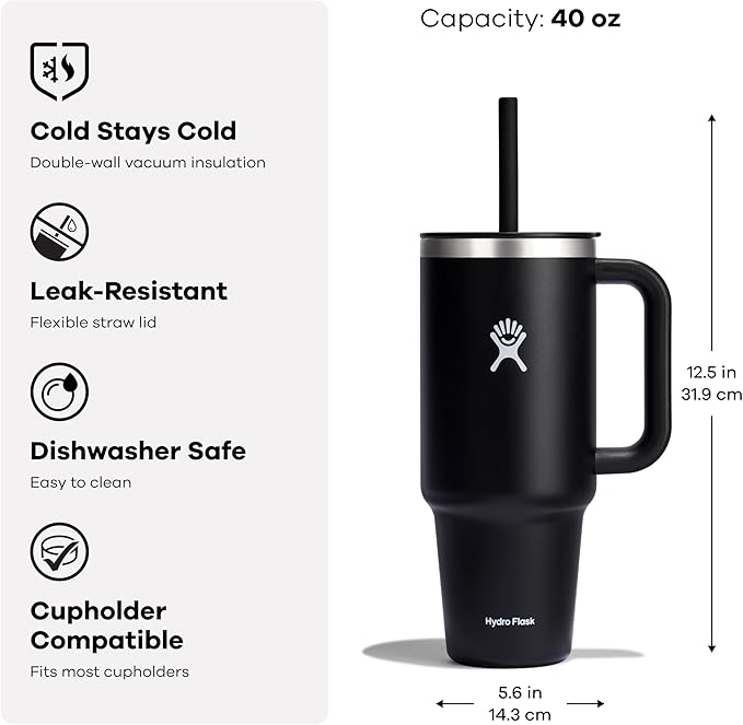 Hydro Flask Travel Tumbler with Handle, Lid and Straw - Insulated Stainless Steel in 40 Oz Coconut Cream
