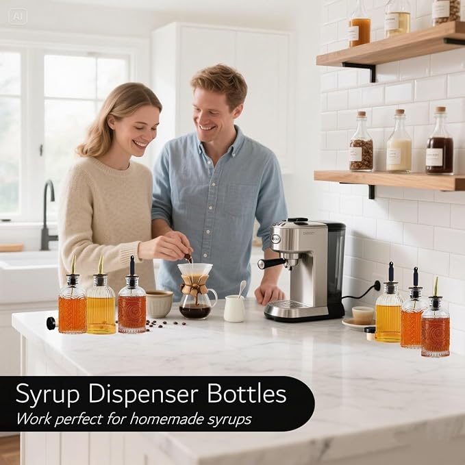 Simple Syrup Bottles Set of 6, Glass Coffee Syrup Dispenser Bottles 7 OZ With Metal Pour Spout, Labels and Stopper, Glass Syrup Dispenser for Maple Honey Syrup Oil and Sauces, SC060