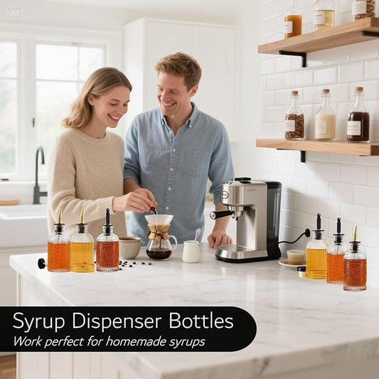 Simple Syrup Bottles Set of 6, Glass Coffee Syrup Dispenser Bottles 7 OZ With Metal Pour Spout, Labels and Stopper, Glass Syrup Dispenser for Maple Honey Syrup Oil and Sauces, SC060