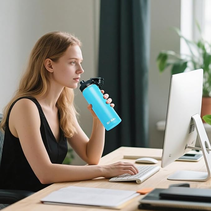 SASEUM Kids Sport Water Bottle 16oz Stainless Steel Double Wall Vacuum Thermal Mug with Leak Proof Spout Lids, Wide Mouth Metal Insulated Water Jug for Gym and Travel（Sky Blue）