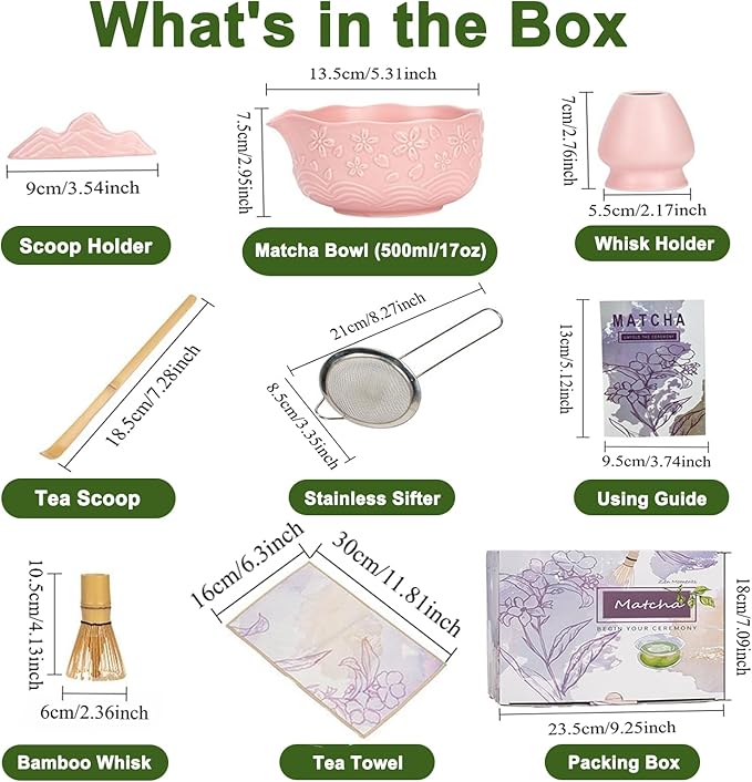 Matcha Whisk Set, Pink Matcha Set, Ceramic Matcha Kit, Matcha Tea Set Includes Matcha Bowl, Matcha Whisk, Matcha Whisk Holder, Bamboo Scoop, Powder Sifter - 7 Pcs Matcha Set Christmas Gifts for Women