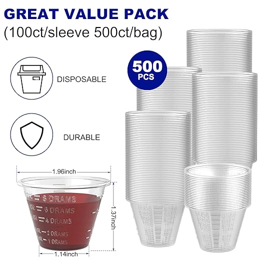 ReliMedPro disposable medicine cups graduated, bulk pack of 500, 1 oz (30ml) small plastic measuring cup for liquid medication, paint, epoxy, pill and resin