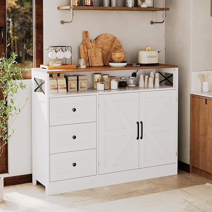 GAOMON 51Inch Sideboard Buffet Cabinet, Wood Rustic Coffee Bar Large Buffet Storage Cabinet with Drawers and Power Outlets Shelves Doors for Dining Kitchen Living Room, White