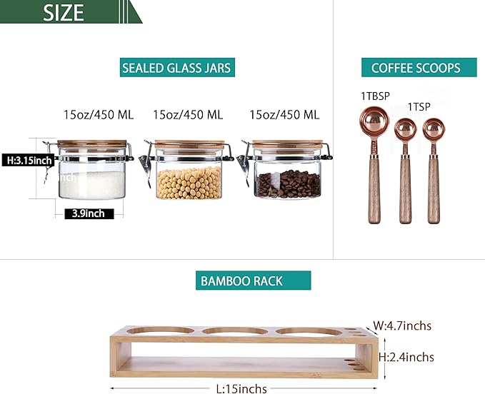 Glass Coffee Canister Set of 3 with Spoons & Airtight Bamboo Lids, 15oz - Modern Coffee Bar Accessories for Ground Coffee & Sugar, Ideal Coffee Station Organizer Jars for Countertop