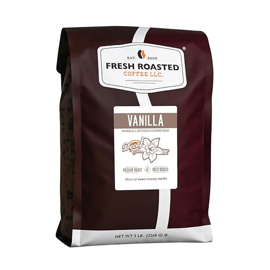 Fresh Roasted Coffee, Decaf French Vanilla Flavored Coffee, 5 lb (80 oz), Medium Roast, Kosher, Whole Bean