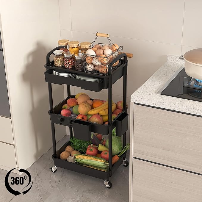 3 Tier Rolling Utility Cart with Drawer, Plastic Storage Organizer Rolling Carts with Wheels Handles Hanging Cups Hooks for Office, Bathroom, Kitchen,Craft Art Room (Black)
