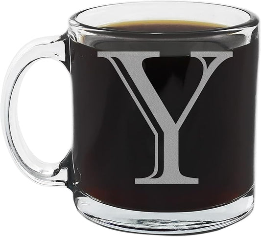 Spotted Dog Company Etched Monogram 12oz Clear Glass Coffee Mug (Letter Y), A-Z Customized Coffee Gifts, Custom Engraved Gifts for Women Her, Personalized Gift for Men, Initial