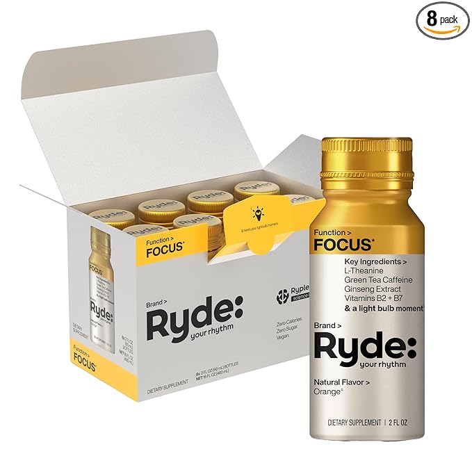 Ryde: Focus Shot | Orange Flavor | L-Theanine & Ginseng | Green Tea Caffeine | Vitamins B2 & B7 | 0 Calories, 0 Sugar | 2 FL OZ Shots | Supports Focus* (8 Pack)