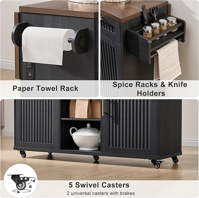 57" Kitchen Island with Storage — Kitchen Rolling Island with Trash Can Storage Cabinet, Power Outlet & Drop Leaf, Large Mobile Island Cart on Wheels with Spice & Towel Rack, Knife Holder (Black)