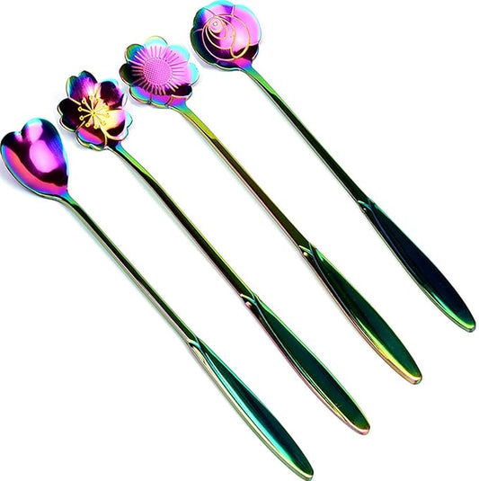 Rainbow Stainless Steel Reusable Tea Scoops and Stirring Spoons - Set of 4, Coffee, Mixing, Sugar, Dessert, Cake, Ice Cream Spoons for Tea Party, Dishwasher Safe