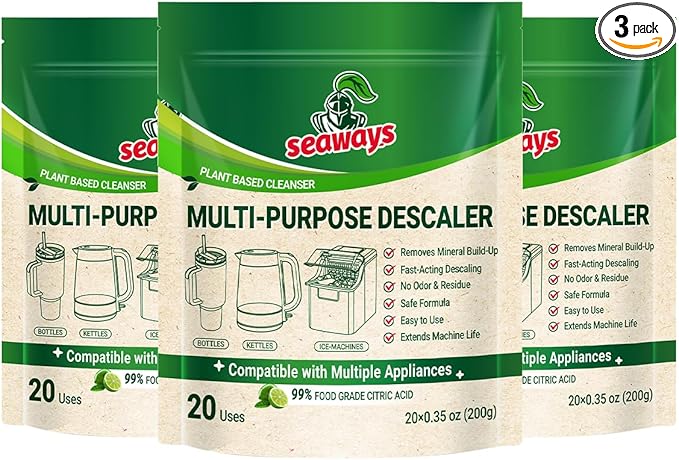 Seaways Multi-Purpose Descaler Powder (60-Uses) for Ice Maker Machine, Kettle, Tumbler, Bottles, Coffee Machine, Faucets, Shower Head, Limescale and Build-Up Remover, 20 * 0.35 oz (3 Packs)