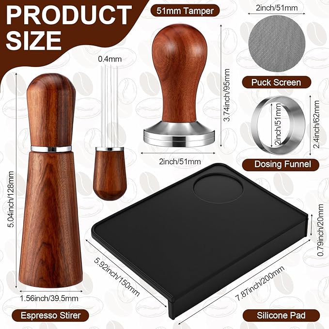 5 Pcs 51mm Espresso Accessories Kit Coffee Tamping Mat Spring Loaded Calibrated Tamper 316 Stainless Steel WDT Espresso Dosing Funnel and Puck Screen Set Coffee Stirrer for Barista
