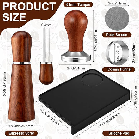 5 Pcs 51mm Espresso Accessories Kit Coffee Tamping Mat Spring Loaded Calibrated Tamper 316 Stainless Steel WDT Espresso Dosing Funnel and Puck Screen Set Coffee Stirrer for Barista