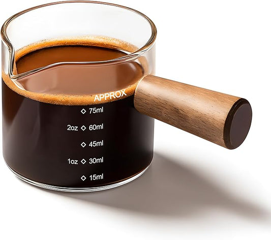 YARRAMATE 2.5 oz/75ML Espresso Shots Cup with Wood Handle, Clear Glass Espresso Measuring Cup with Dual Scale, Shot Glass with Single Spout, Dishwasher Safe