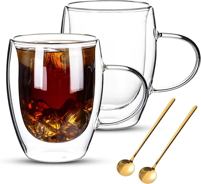 Double Wall Glass Coffee Mugs Set, Set Of 2 Glass Cup with 2 Gold Spoons, Clear Coffee Mug 12oz for Cappuccino, Latte, Milk, Tea, Hot and Cold Beverages, Housewarming Wedding Present Gifts