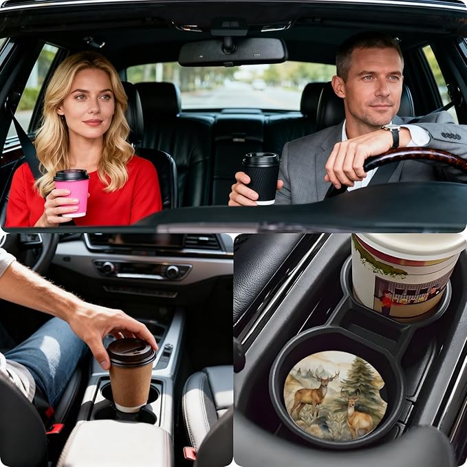 Car Cup Holder Coasters, 2 Pcs Ceramic Coasters with Finger Slot and Cork Back, Anti-Slip Shock Absorbing Women and Men Universal Car Accessories - Artistic Deer