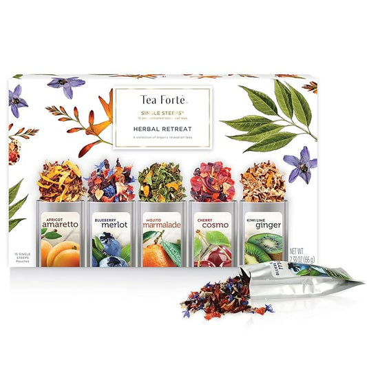 Tea Forte Single Steeps Loose Leaf Tea Sampler, Assorted Variety Tea Box, 15 Single Serve Pouches (Herbal Retreat)