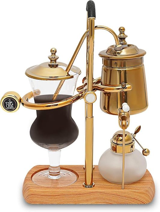 Netcoin Belgian/Belgium Siphon Coffee Maker, Luxury Royal Family Balance Syphon Coffee Maker Vacuum Brewing System, Double Ridged Fulcrum with Tee Handle, Vintage Classic Retro Luxury Gold