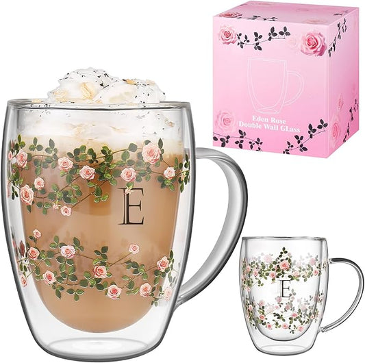Initial Glass Cup for Women, 12oz Rose Double Walled Glass Coffee Mugs, Personalized Gifts for Women, Initial Coffee Tea Mug with Scarf, Birthday Wedding Gifts for Her Mom Teacher (ROSE-E)