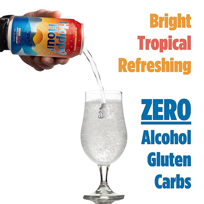 Hoppy Hour Sparkling Hop Water, Non-Alcoholic and Adaptogens Drink, Zero Sugar and Calories, Refreshing Mango Peach Flavor, 12 oz Cans (12-Pack)
