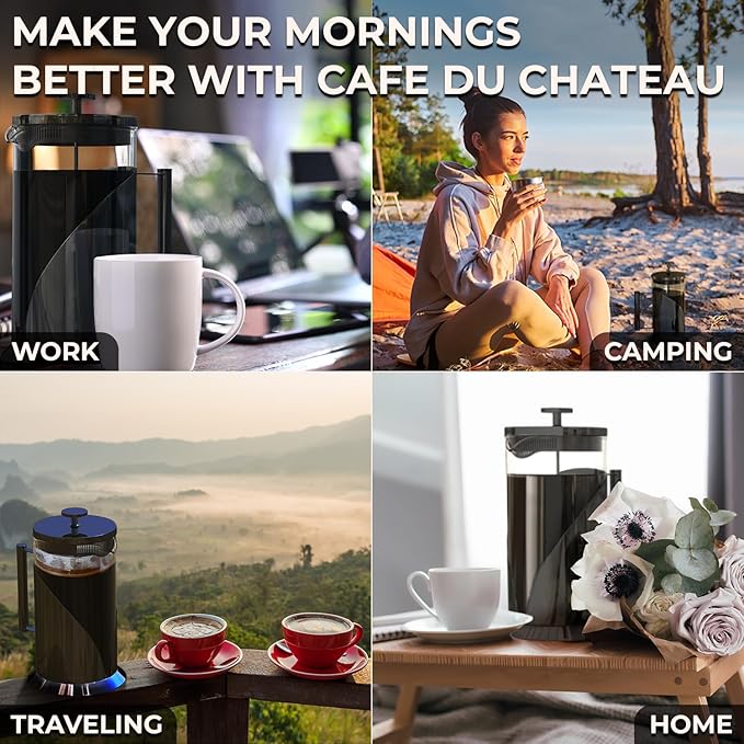 Cafe Du Chateau Stainless Steel French Press Coffee Maker 34 oz - Easy to Use Insulated Coffee Press with 4-Level Filtration, Manual Brewer for Tea, Camping & Travel with BPA Free, Durable Clear Glass