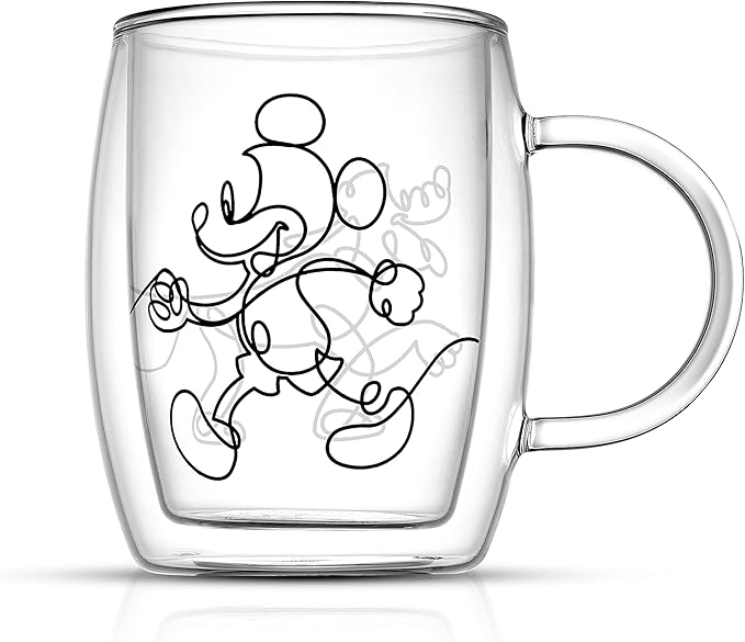 JoyJolt Aroma Disney Mickey and Pluto 13.5oz Glass Coffee Cups Set - 2 Insulated Double Wall Mugs, Large Espresso Cups - Unique Disney Cups