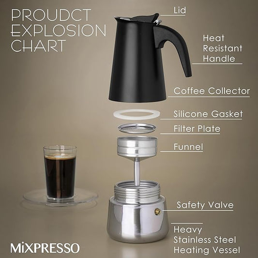 Mixpresso Black 6 Cup Greca Stovetop Espresso Pot 300ml/10oz, Moka Pot with Coffee Percolator Design, Stainless Steel Stove Top Coffee Maker for Camping or Home Use,Italian Stovetop Espresso Maker