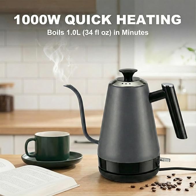 Electric Gooseneck Kettle, Pour Over Kettle for Coffee & Tea, Hot Water Boiler, 100% Stainless Steel Inner Lid & Bottom (K02)