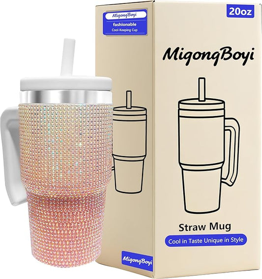 20-OZ Insulated Water Bottle,Insulated Stainless Steel Tumbler,Reusable Cold Drink Thermos,BPA-Free, Double-Wall Stainless Steel Water Bottle (Pink White Gradient-Diamond, 20, Fluid Ounces)