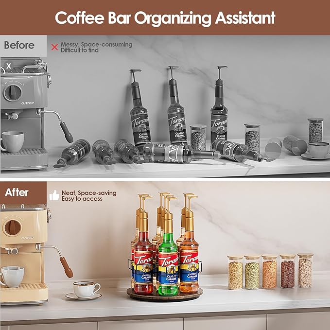 Kssiaz Rotating Coffee Syrup Organizer, 7 Bottles Coffee Syrup Rack for Countertop Syrup Bottle Holder Stand for Coffee Bar Station, Carbon Steel Frame with Wooden Base Coffee Bar Accessory, Black